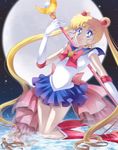  back_bow bishoujo_senshi_sailor_moon bishoujo_senshi_sailor_moon_crystal blonde_hair blue_eyes blue_sailor_collar blue_skirt boots bow choker circlet double_bun earrings elbow_gloves full_moon gloves gongitsune_(gongitune2) hair_ornament highres holding holding_wand jewelry knee_boots kneeling long_hair looking_at_viewer maboroshi_no_ginzuishou moon moon_stick moonlight official_style pleated_skirt red_bow red_footwear sailor_collar sailor_moon sailor_senshi_uniform skirt smile solo staff tsukino_usagi twintails very_long_hair wand white_gloves 