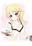  alternate_hairstyle ayase_eli bangs blonde_hair blue_eyes blush breasts cleavage cup food frapowa hair_ornament hairclip holding holding_plate love_live! love_live!_school_idol_project medium_breasts mug one_side_up plate sandwich short_sleeves smile solo tomato upper_body 