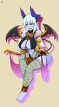  absurdres ankle_cuffs bad_id bad_pixiv_id bandages bare_shoulders barefoot bat_wings black_sclera breasts cleavage crossed_legs demon_girl demon_tail demon_wings egyptian gold highres horns jewelry large_breasts less long_hair monster_girl monster_girl_encyclopedia pharaoh_(monster_girl_encyclopedia) sharp_toenails sitting snake solo succubus tail toenails white_hair wings yellow_eyes 