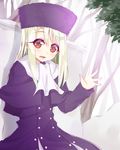  :d bad_id bad_pixiv_id capelet coat fate/stay_night fate_(series) hat illyasviel_von_einzbern long_hair open_mouth purple_hat red_eyes smile solo waving white_hair yuuuuu 