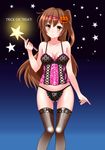  brown_eyes brown_hair chuunibyou_demo_koi_ga_shitai! corset hair_ornament hairclip halloween highres kaze_makase long_hair nibutani_shinka panties side_ponytail thighhighs underwear wand 