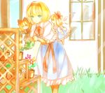  alice_margatroid ascot blonde_hair blue_dress blue_eyes capelet dress flower hairband hourai_doll knora sash shanghai_doll short_hair touhou window wrist_cuffs 