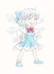  :d ankle_socks bad_id bad_pixiv_id blue_dress blue_eyes blue_hair bow cirno dress full_body fumie_(mikan_to_mu_83) hair_bow hands_on_hips highres ice ice_wings long_sleeves mary_janes open_mouth red_bow shoes short_hair smile solo touhou traditional_media white_background wings 