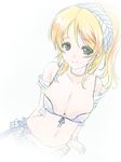  arm_support ayase_eli bikini_top blonde_hair breasts cleavage covered_nipples earrings frapowa front-tie_top jewelry large_breasts looking_at_viewer love_live! love_live!_school_idol_project natsuiro_egao_de_1_2_jump! navel necklace pearl_necklace smile solo 