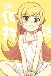  blonde_hair blush dress fang grin jingai_modoki long_hair looking_at_viewer monogatari_(series) oshino_shinobu pointy_ears smile solo yellow_eyes 