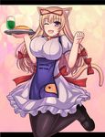  adapted_costume animal_ears blonde_hair bow breasts cat_ears cat_tail cosplay hair_bow highres kemonomimi_mode large_breasts leg_lift long_hair meal nekozombie one_eye_closed pantyhose paw_pose purple_eyes solo tail tail_bow touhou tray waitress yakumo_yukari 