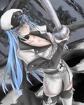  1girl akame_ga_kill! blue_hair breasts esdeath esdese hat large_breasts long_hair smile solo standing sword uniform very_long_hair weapon 