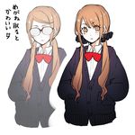  brown_eyes brown_hair coke-bottle_glasses commentary glasses gum_(gmng) hair_ornament hands_in_pockets no_eyewear original school_uniform simple_background translated twintails variations white_background 