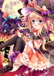  basket bat_wings black_gloves black_legwear blonde_hair blue_eyes bow candy demon_tail food full_moon gloves hair_bow hair_ribbon halloween hat holding jack-o'-lantern lollipop long_hair looking_at_viewer mary_janes mio-chan_(nogi_takayoshi) moon nogi_takayoshi original ribbon shoes solo tail thighhighs two_side_up wand wings witch_hat 