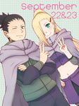  1boy 1girl black_hair blonde_hair blue_eyes cloak earrings flak_jacket hair_over_one_eye hand_on_hip jewelry long_hair looking_at_viewer midriff nara_shikamaru naruto navel ponytail smile teramoto_kei wink yamanaka_ino 