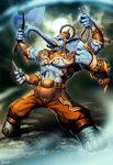  animal_head axe blue_sclera blue_skin clenched_hands commentary commentary_typo elephant english_commentary full_body ganesha_(mythology) genzoman hat hindu_mythology hinduism male_focus multiple_arms muscle mythology open_mouth rope signature solo standing tail tusks vambraces weapon 
