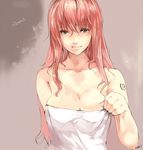  breasts cleavage large_breasts long_hair megurine_luka naked_towel nobusnow pink_hair solo tattoo towel vocaloid wet 