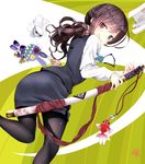  black_legwear blue_eyes brown_hair from_behind heterochromia katana leg_up looking_back narushima_kanna office_lady original pantyhose pencil_skirt purple_eyes ready_to_draw scabbard sheath sheathed skirt smile solo sword weapon 