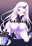  bare_shoulders blush breasts claws detached_sleeves horns kantai_collection large_breasts long_hair looking_at_viewer mozuya_murasaki nipples open_mouth pale_skin pubic_hair pussy_juice seaport_hime shinkaisei-kan simple_background solo very_long_hair white_hair 