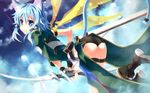  animal_ears arched_back arrow ass black_gloves blue_eyes blue_hair boots bow_(weapon) cat_ears cat_tail cloud fingerless_gloves from_behind gloves hair_ornament hairclip looking_at_viewer looking_back short_hair short_shorts shorts sinon sinon_(sao-alo) sky solo sparkle sword sword_art_online tail weapon wings yuuki_tatsuya 