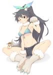  animal animal_ears antenna_hair bikini_top black_hair breasts clenched_teeth denim denim_shorts earrings extra_ears full_body ganaha_hibiki gloves halloween hamster hamuzou hat idolmaster idolmaster_(classic) jewelry kemonomimi_mode long_hair medium_breasts one_eye_closed paw_gloves paw_shoes paws ponytail ransusan shoes shorts simple_background smile solo tail teeth white_background witch_hat wolf_ears wolf_tail 