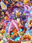  bahamut_greed center_opening crotalaria frilled_legwear halloween hat jack-o'-lantern long_hair official_art original purple_eyes purple_hair solo thighhighs witch witch_hat 