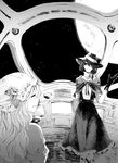  book bow bug butterfly capelet dress full_moon greyscale hair_bow hat insect long_hair maribel_hearn monochrome moon multiple_girls one_eye_closed open_mouth ribbon short_hair skirt smile space space_craft suja_(ufo85go) tea touhou usami_renko 