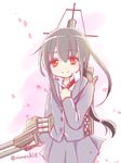  black_hair cherry_blossoms hand_on_own_chest hatsushimo_(kantai_collection) kantai_collection long_hair low-tied_long_hair nonochie petals red_eyes smile solo 