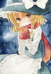  blonde_hair bow braid hair_bow hat kagome_f kirisame_marisa long_hair mittens night red_scarf ribbon scarf solo touhou traditional_media watercolor_(medium) witch_hat yellow_eyes 