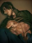  brown_hair facial_hair highres katou_teppei leon_s_kennedy male_focus nipples resident_evil resident_evil_6 shirt_lift solo stubble unzipped 