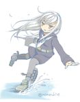  crescent kantai_collection kikuzuki_(kantai_collection) long_hair necktie nonochie silver_hair simple_background solo walking walking_on_liquid weapon white_background 