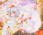  animal_ears bare_shoulders blush breasts chinako detached_sleeves hat inubashiri_momiji long_sleeves looking_at_viewer medium_breasts midriff nature navel pom_pom_(clothes) red_eyes short_hair silver_hair solo tail tokin_hat touhou tree wolf_ears wolf_tail 