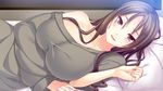  1girl ane_yome_quartet ayase_hazuki bed blush breasts brown_hair collarbone game_cg hanabishi_yurina highres hisashi_(nekoman) huge_breasts long_hair looking_at_viewer lying no_bra on_side pillow red_eyes smile solo sweater 