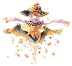  blonde_hair bow candy curtsey food gaha halloween hat highres looking_at_viewer no_shoes original purple_eyes scarf simple_background skirt skirt_hold solo white_background witch_hat 