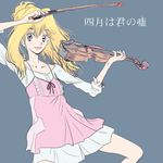  bad_id bad_pixiv_id blonde_hair casual copyright_name dress grey_background grey_eyes hair_up instrument looking_at_viewer miyazono_kawori seno_shouji shigatsu_wa_kimi_no_uso short_dress smile solo violin white_dress 