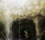  bbb_(33kudo) blurry bucket cave depth_of_field green_eyes green_hair hair_bobbles hair_ornament in_bucket in_container kisume short_hair solo touhou twintails water 