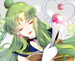  2014 bishoujo_senshi_sailor_moon black_choker bow brown_bow choker closed_eyes dated earrings garnet_rod gloves green_hair hair_bun holding holding_staff jewelry lipstick long_hair magical_girl makeup meiou_setsuna ribbon sailor_collar sailor_moon_musical sailor_pluto sailor_senshi_uniform signature solo staff tiara white_gloves yukinami_(paru26i) 