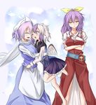  bow closed_eyes color_connection commentary_request crossed_arms hair_bow hair_color_connection hat head_wings horns hug letty_whiterock long_hair multicolored_hair multiple_girls one_eye_closed open_mouth ponytail purple_hair ribbon scarf shamisen_(syami_sen) short_hair silver_hair smile tokiko_(touhou) touhou two-tone_hair watatsuki_no_yorihime white_scarf wings yellow_eyes 