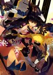  animal_ears bad_id bad_pixiv_id bandages black_hair claws highres holding karei long_hair looking_at_viewer navel open_mouth original sarashi solo tail wand yellow_eyes 