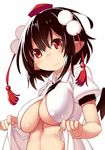  black_hair blush breasts expressionless hat impossible_clothes large_breasts looking_at_viewer mikan_(bananoha) red_eyes shameimaru_aya short_hair short_sleeves simple_background solo tokin_hat touhou underboob white_background 