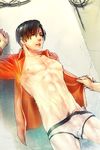  bad_id bad_pixiv_id briefs brown_hair edging_briefs erection erection_under_clothes jacket katou_teppei leon_s_kennedy male_focus open_clothes open_jacket penis precum resident_evil resident_evil_2 see-through solo_focus sweat toned toned_male underwear white_briefs 