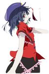  bags_under_eyes black_hair hat highres jiangshi looking_at_viewer miyako_yoshika ofuda open_mouth outstretched_arm profile red_eyes sala_mander shirt short_hair short_sleeves simple_background skirt solo star text_focus touhou vest white_background 