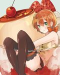  bare_shoulders black_legwear bow dessert food fruit green_eyes hair_between_eyes hoshizora_rin looking_at_viewer love_live! love_live!_school_idol_project orange_hair pudding shigure_ui short_hair smile solo strawberry thighhighs 