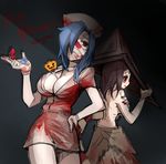  back bad_id bad_pixiv_id bandages between_breasts blood bloody_clothes blue_hair blush breasts brown_hair bubble_head_nurse candy carol_(skullgirls) cosplay covered_mouth embarrassed food gloves halloween halloween_costume hand_on_hip happy_halloween hat large_breasts lollipop multiple_girls ng_(kimjae737) nurse_cap painwheel_(skullgirls) pyramid_head pyramid_head_(cosplay) red_eyes silent_hill_2 skullgirls topless valentine_(skullgirls) 