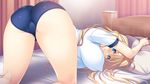  ane_yome_quartet ass ayase_hazuki bed blonde_hair bloomers blue_eyes blush breasts buruma erect_nipples game_cg gym_uniform hanabishi_momone hanging_breasts highres hisashi_(nekoman) huge_breast huge_breasts legs long_hair looking_back pillow smile solo sweat thighs top-down_bottom-up 