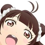  :d antenna_hair blush blush_stickers brown_eyes brown_hair close-up double_bun foreshortening kantai_collection kotori_photobomb looking_at_viewer looking_down love_live! love_live!_school_idol_project minoco_(sana_moko) naka_(kantai_collection) open_mouth parody short_hair simple_background smile solo white_background 