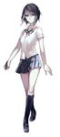  black_hair black_legwear black_skirt blue_eyes danganronpa danganronpa_1 freckles highres hug_(yourhug) ikusaba_mukuro knife pleated_skirt school_uniform short_hair short_sleeves skirt socks solo spoilers 