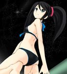  ass barefoot bikini black_bikini black_hair blue_eyes breasts commentary_request from_behind green_eyes haruyama_kazunori heterochromia kneeling long_hair looking_back medium_breasts sega_hard_girls sega_saturn_(sega_hard_girls) solo swimsuit twintails 