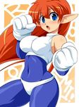  bad_id bad_twitter_id blue_bodysuit blue_eyes blush bodysuit covered_navel detached_sleeves galaxy_fight gloves konpeto long_hair orange_hair pointy_ears roomi skin_tight solo spandex white_gloves 