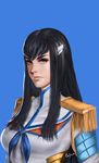  black_hair blue_background blue_eyes easonx hair_ornament hairclip highres junketsu kill_la_kill kiryuuin_satsuki lips long_hair realistic 