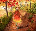  aki_shizuha autumn autumn_leaves blonde_hair blush brown_eyes bush dress foliage forest gradient_clothes hair_ornament happy hill leaf maple_leaf multicolored multicolored_clothes multicolored_dress nature open_mouth path red_dress road scenery shadow shiratama_(hockey) short_hair skirt skirt_set smile solo touhou tree walking yellow_dress 