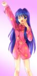  arm_up blue_eyes blue_hair blush clenched_hand feet_out_of_frame hair_intakes highres kanon long_hair minase_nayuki multicolored multicolored_clothes multicolored_pajamas mutsuki_(moonknives) no_pants one_eye_closed open_mouth pajamas panties paw_print print_pajamas raised_fist sleepy solo standing stretch tears underwear very_long_hair yawning 