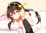  bare_chest bare_shoulders bed black_hair blush brown_eyes collarbone hairband hand_on_another's_cheek hand_on_another's_face haruna_(kantai_collection) heart kantai_collection long_hair looking_at_viewer lying naked_sheet on_bed on_side pillow pov simple_background smile solo_focus umino_(anesthesia) under_covers 