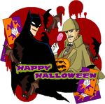  2boys bat batman batman_(series) bruce_wayne candy cape capelet costume dc_comics deerstalker facial_hair fangs gloves grey_hair halloween happy_halloween hat inverness_cape lollipop lowres male male_focus mask multiple_boys mustache sherlock_holmes sherlock_holmes_(series) transparent_background 