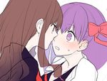  blush bow breasts brown_eyes brown_hair cleavage eye_contact fate/extra fate_(series) gum_(gmng) hair_bow kishinami_hakuno_(female) long_hair looking_at_another matou_sakura medium_breasts multiple_girls purple_hair ribbon sweatdrop yuri 